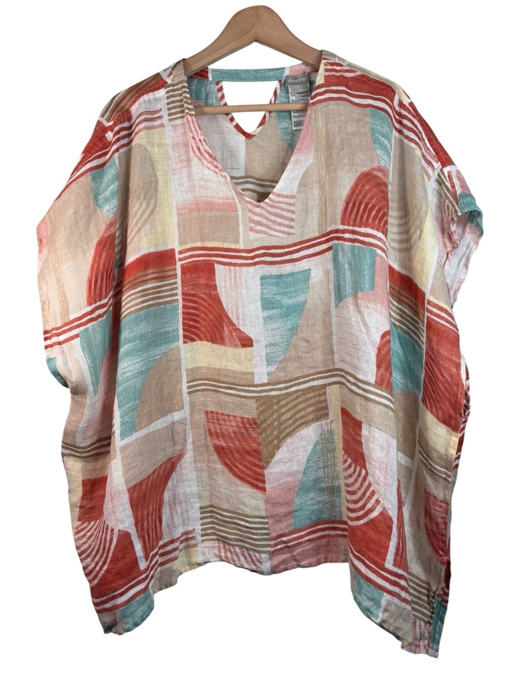Chicos 100% Linen Tunic Poncho Shirt Size  L/XL Geometric Multicolor Print Beach